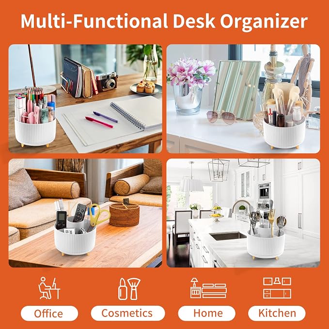 Desk Pencil Pen Holder, 5 Slots 360°Degree Rotating Pen Organizers for Desk, Desktop Storage Stationery Supplies Organizer, Cute Pencil Cup Pot for Office, School, Home, Art Supply, White