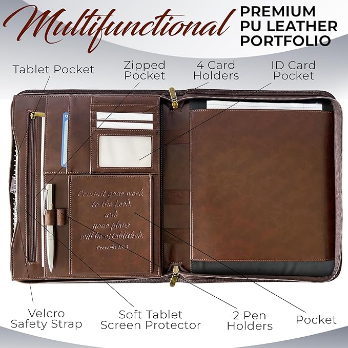 DEHITE Leather Portfolio for Men – Padfolio Case for Men and Women – Brown Bible Notebook Organizer – Pen Slots – Zipper Binder – Premium PU Leather – Feels Like Full-Grain – Office Gift Accessories