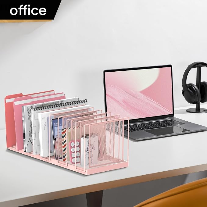 9-Section Desk File Organizer, Vertical File Holder, Mesh Desktop File Folder Metal File Organizer Stand for Office Home Classroom, Pink