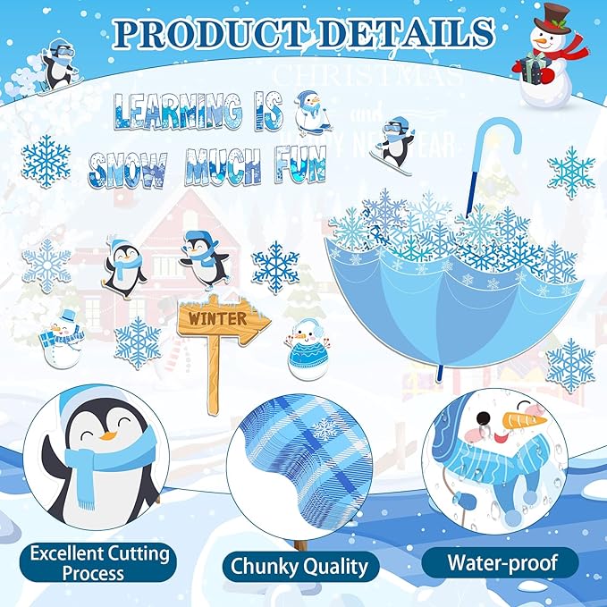 TaoBary 83 Pcs Winter Snowflake Bulletin Board Set Snowflake Penguin Snowman Umbrella Cutouts Learning is Snow Much Fun Bulletin Board Decorations for School Home Chalkboard Wall Decor