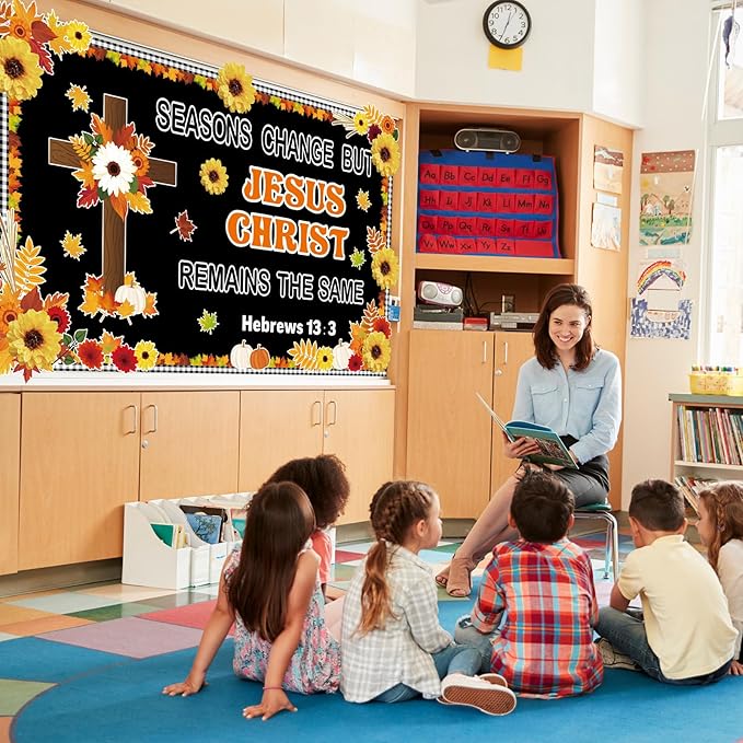 Yiaoyinnz Fall Christian Jesus Classroom Bulletin Board Decorations 3D Sunflower Religious God Bulletin for Fall Autumn Leaves Thanksgiving Harvest Student Teacher Wall Chalkboard Decor Supplies