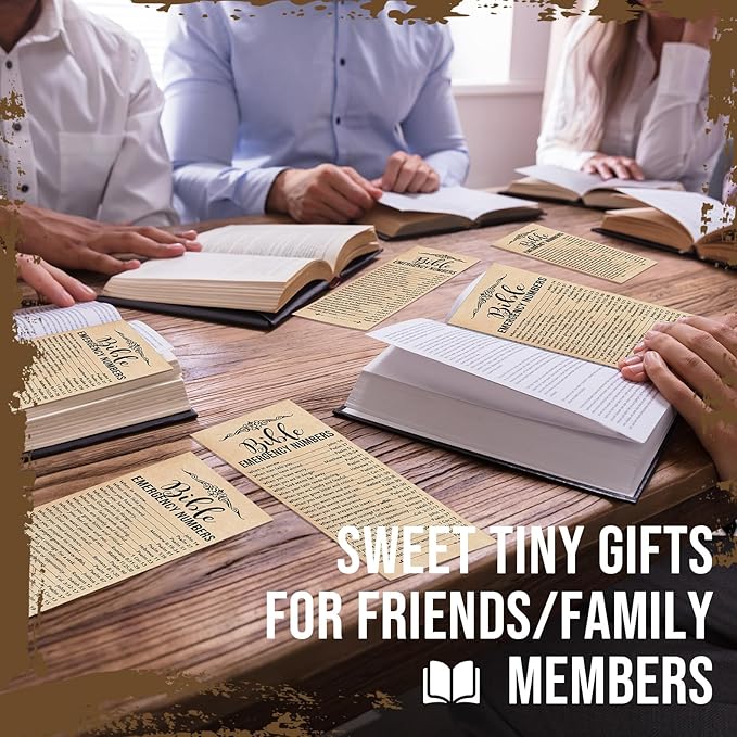 Motiskyy 100 Pcs Christian Bible Verse Emergency Numbers Bookmark Fathers Day Bookmark Religious Church Gift 2.36 x 6'' Catholic Books of The Bible Card for Women Men Sunday School (Brown)