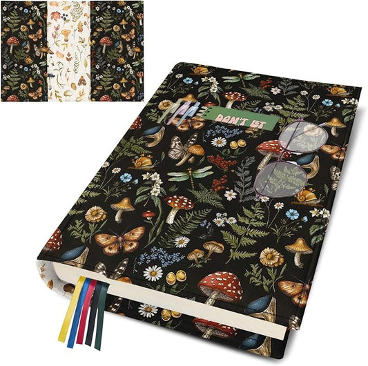Boho Butterfly Mushroom Book Cover for Hardcover Paperback,Adjustable Soft Canvas Fabric Book Protector with Pocket Bookmark,Double Side Floral Print Book Dust Jacket Covers for Book Lovers Gift S