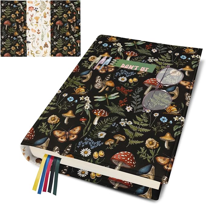 Boho Butterfly Mushroom Book Cover for Hardcover Paperback,Adjustable Soft Canvas Fabric Book Protector with Pocket Bookmark,Double Side Floral Print Book Dust Jacket Covers for Book Lovers Gift