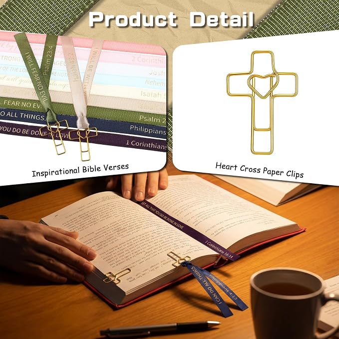 Resurhang 80 Pack Heart Cross Paper Clips with Ribbons 40 Gold Bible Paper Clips 40 Christian Bookmark Ribbons Bible Study Journaling Supplies Easter Eggs Fillers Women Christian Gifts