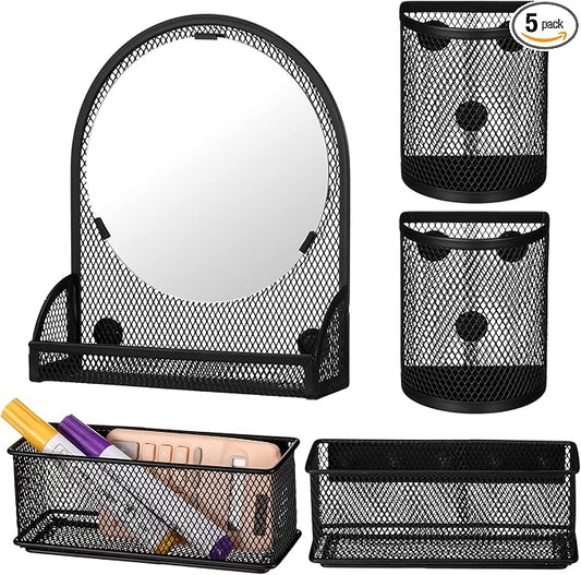 Weysat Set of 5 Magnetic Locker Accessories Mirror with 2 Magnetic Pen Holder and 2 Wire Mesh Storage Basket for Students Back to School Locker Organizer for School Office(Black)