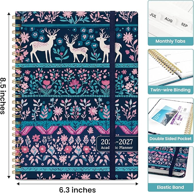 Planner 2026-2027, Academic Monthly and Weekly Calendar Planner for Women, July 2026 - June 2027, Hardcover Pretty Agenda Planner Book with Tabs, Spiral Daily Organizer for School Office Home Supplies, 6.3" x 8.5" - Nordic Forest