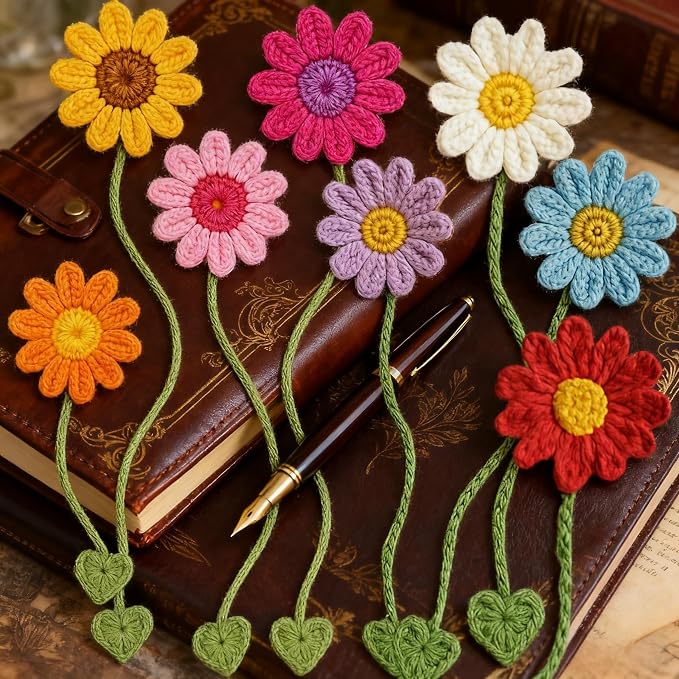 8 Pack Flower Crochet Bookmarks,Handmade Knitted Daisy Sunflower Book Marker for Women Personalized Book Marks for Reading Men, Book Lover Teacher Kids Birthday Gift,Cute Unique Bookmarks
