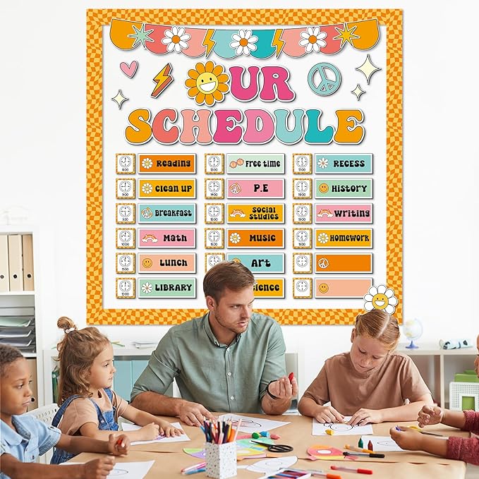 Groovy Daily Schedule Bulletin Board Scheduling Classroom Bulletin Board Decorations Daily School Schedule Paper Cutouts Classroom Must Haves for Class Office Home Chalkboard Wall Door Supplies