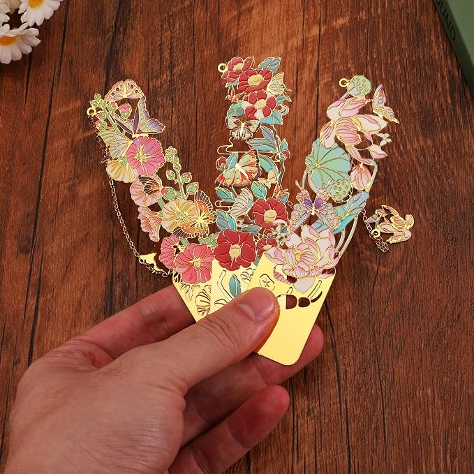 3 PCS Metal Bookmarks - Beautiful Flower Bookmarks for Women - Lotus, Hollyhock, Camellia (BKM-050-002)