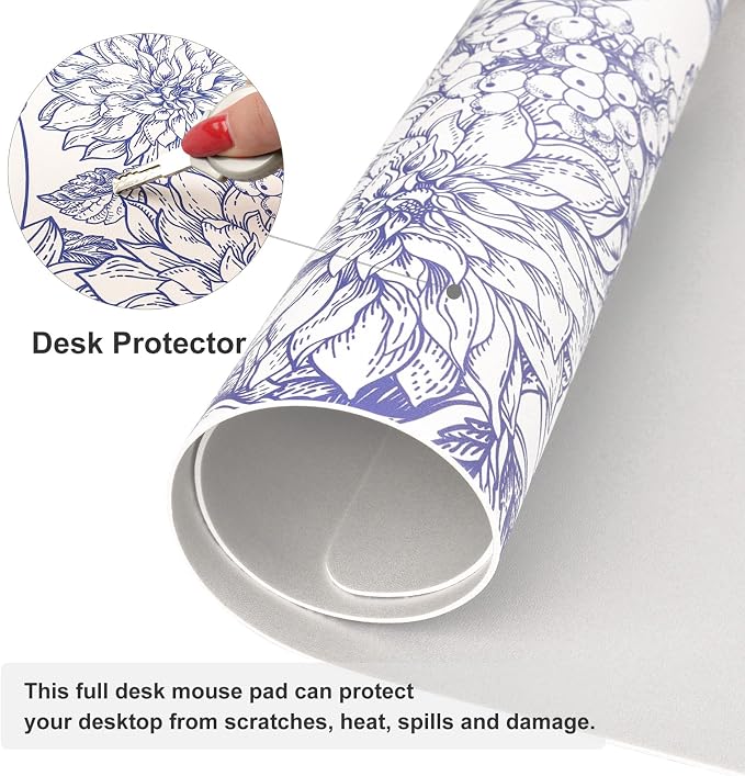 Colorful Star Large Mouse Pad, Floral Desk Mat Office Supplies, Waterproof Faux Leather Big Gaming Mousepad for Women Girls, Vintage Blue Flowers Desk Pad Home Office Décor Accessories 31.5" x 15.7"
