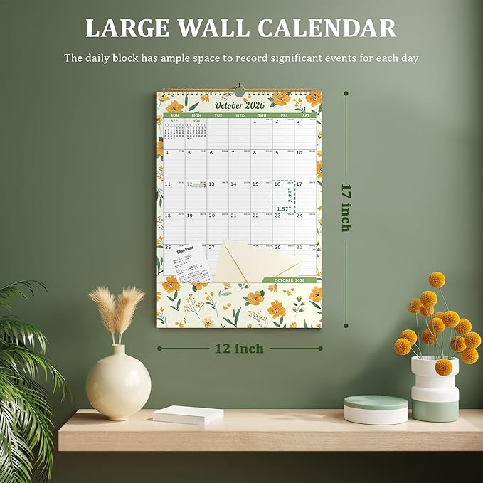 Ospelelf Wall Calendar 2026-2027 with Storage Pocket, 17" X 12" Monthly Large Planner Pad with Protective Cover and Stickers, for Family Fridge Office Teacher Student, January 2026 to June 2027 Ditsy Floral