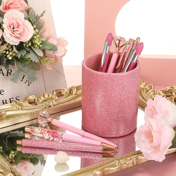 Sabary 8 Pcs Pink Pens with Pen Holder for Desk Glitter Crystal Diamond Cute Ballpoint Fancy Pencil Holder Bling Desk Organizer for Women Girls School Office Supplies Wedding Graduation Gifts