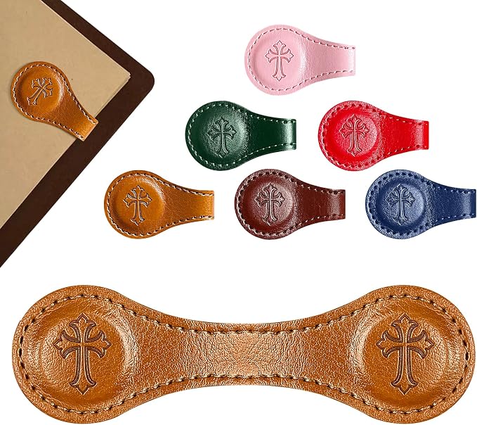 Leather Magnetic Bookmarks, 3D Embossed Alphabet Initial Letter Bookmark, Cute Page Markers for Books, Journals, Planners, Bible, Small Reading Gifts for Women Men, Teachers, Students (Brown Cross)