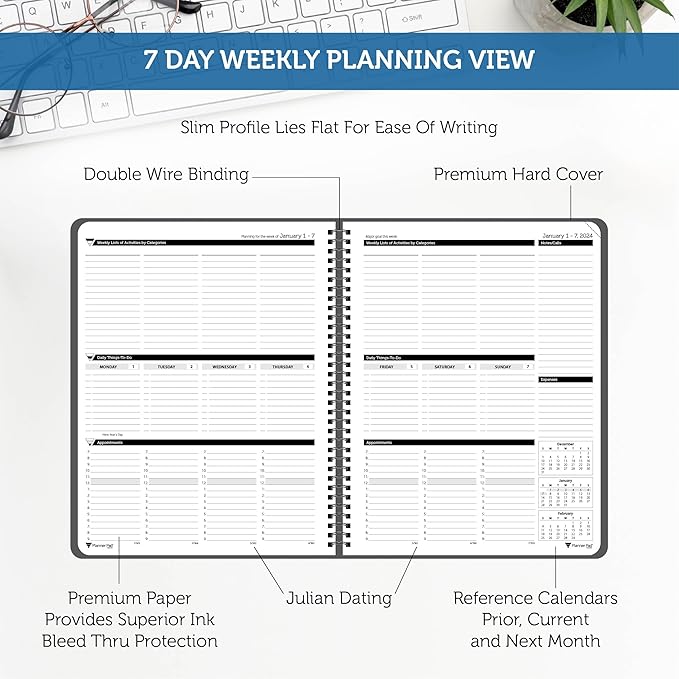 Planner Pad Spiral Bound 3-Tier Funnel Down 12 Month Organizer, Calendar Year (January-December 2024), Black Cover/Black Ink, 8 1/2" x 11"