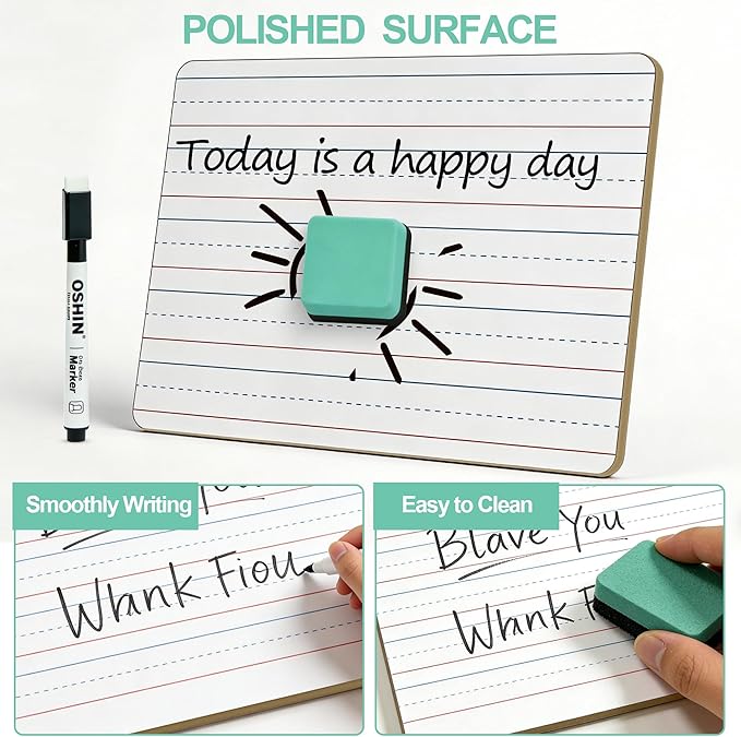 30 Pack Small White Boards, 9"x12" Double Sided Personal Dry Erase Boards Portable Handheld Whiteboards with Lines for Kids, Students, Teacher School, Include 30 Markers, 30 Erasers