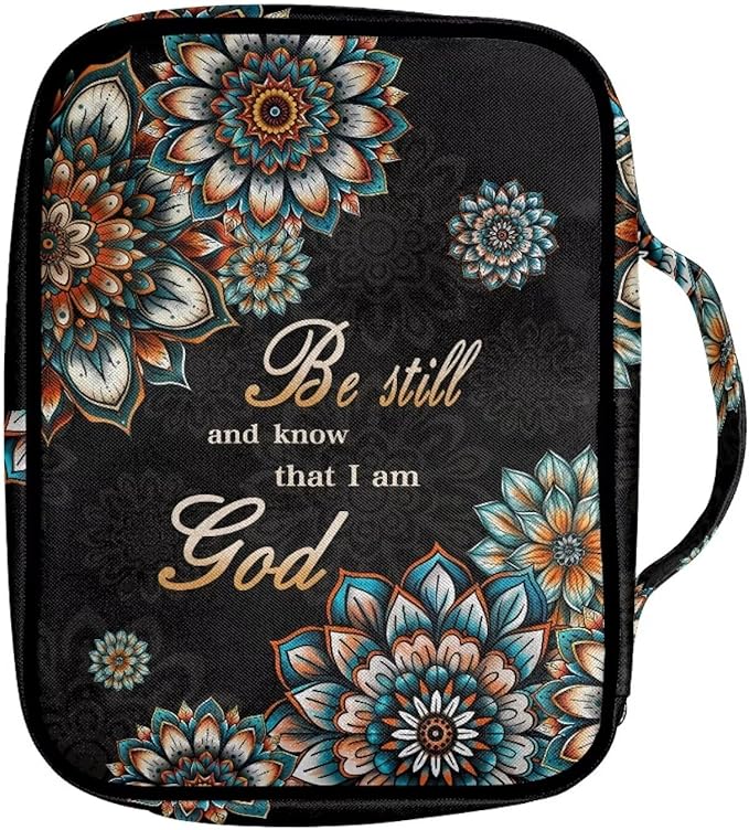Suobstales Boho Mandala Print Bible Cover Carrying Book Case for Women Men Be Still and Know That I am God Lightweight Bible Bag Bible Protective with Handle and Zippered Pocket