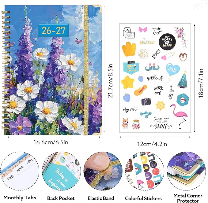 2026-2027 Planner, Weekly and Monthly Planner, July 2026-June 2027, Calendar Planner A5 (6.1" x 8.4") with Tabs, Inner Pocket for Home School Office Supplies, Purple Flower
