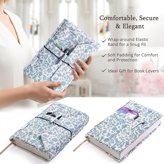 Aplufine Adjustable Fabric Book Cover with Elastic Band, Washable Reusable Book Sleeve for Hardcover Books, Textbooks, Novels & Journals, Book Protector with Pocket & Bookmark,Book Gift
