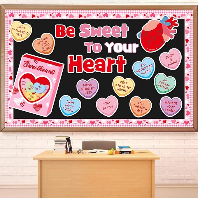 JarThenaAMCS Valentine' s Day Health Habits Bulletin Board Set Conversation Heart Paper Cutouts Be Sweet to Your Heart Classroom Decorations for School Home Wall Door Decor Valentines Party Supplies