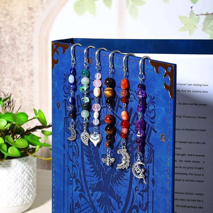 Vintage Metal Leaf Bookmark Pendant with Natural Crystal Bead Chain–Elegant Bookmarks for Women,Men,Book Lovers,Teachers and Students(Green Jade)