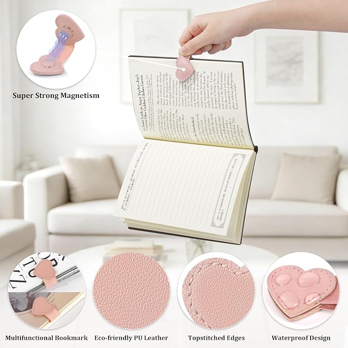 2Pcs Magnetic Leather Heart Bookmarks with Pen Holder, Cute Book Markers Clip with Gift Box, Reading Accessories for Book Lovers Women Teachers Students, Pink