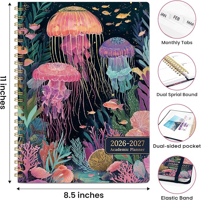 Academic Planner 2026-2027, Weekly and Monthly Calendar Book, July 2026 – June 2027, Hardcover Planner with Tabs, Perfect for Teachers, Students, Women & Men, A4 (8.5" x 11") - Jellyfish