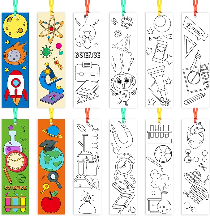 72Pcs Science Color Your Own Bookmarks for Kids Funny Chemistry lab Astronaut DIY Coloring Blank Book Marker for Teacher Student Classroom Reading Club Art Craft Supplies Party Reward Goodie Fillers