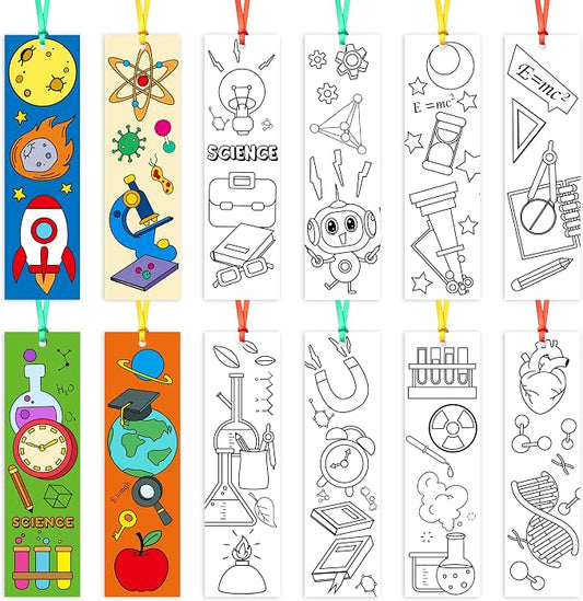 72Pcs Science Color Your Own Bookmarks for Kids Funny Chemistry lab Astronaut DIY Coloring Blank Book Marker for Teacher Student Classroom Reading Club Art Craft Supplies Party Reward Goodie Fillers