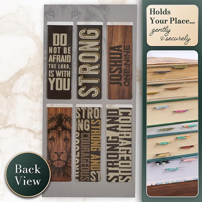 Christian Art Gifts Magnetic Scripture Bookmark/Pagemarker Set for Men: Strong & Courageous Lion - Set of 6, Inspirational Scripture for Bibles, Fridges, Books, Multicolor/Brown/Black/Gray, Small