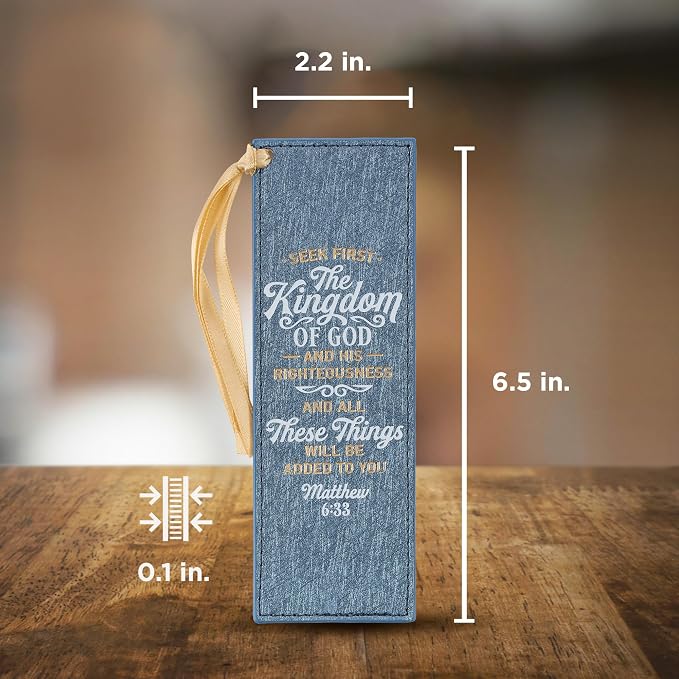 Christian Art Gifts Sparkly Metallic Blue Faux Leather Bookmark for Women: Seek First the Kingdom of God - Matthew 6:33 Inspirational Scripture Bible Verse for Reading Books w/Golden Satin Ribbon