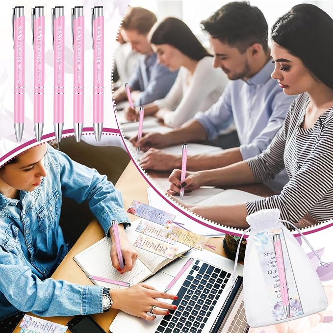 Dispowreath 24 Pcs/12 Sets She Is Clothed with Strength and Dignity Bookmark with Pen 12 Proverbs 31: 25 Bookmarks, 12 Inspirational Bible Verse Pen for Women Men Christian Gifts Church Party Supplies