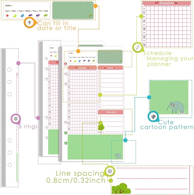 Rancco A6 Planner Inserts Daily Planner Refills, 90 Pages Colorful 6-Ring Loose-leaf Binder Inserts w/Divider, PVC Pouch, Ruler, Index Tab for Journal, Filofax, Double-sided, Undated,6.9x3.7"