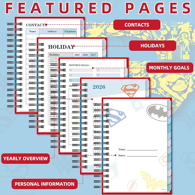 Superman 2026 Planner – Superhero Undated Daily, Weekly & Monthly Planner with Calendar & Holiday Tracker, Monthly Tabs, Habit Tracker, 12 Months Spiral Agenda Book for Office School Gift Supplies