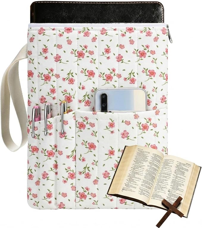 Gilprop Pink Floral Bible Book Sleeve with Zipper 11" x 9" Padded Protector Washable Quilted Book Covers Printed Bible Pouch with Handle Pockets Protector for Books Lover Christian Gifts