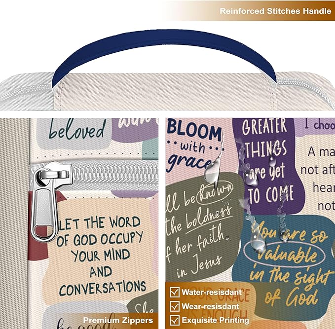 Inspirational Bible Cover for Women Girls Teens, Canvas Scripture Case with Handle and Zipper, Faith Quotes Bible Holder for Church and Bible Study, Christian Gift for Daughter Mom Friends