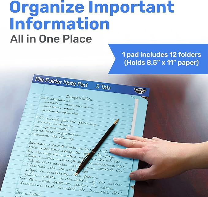 Find It File Folder Notepad - Pack of 12-9.5 x 12.5 Inch Notebook Organizer Folders for Filing, Document, and Clipboard Organization - Blue