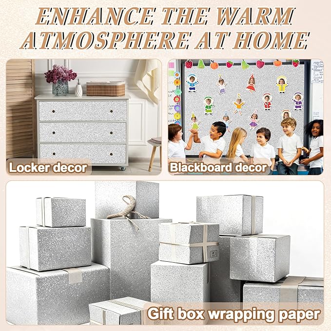 Glitter Bulletin Board Paper Roll Sparkle Wrapping Paper Bulletin Board Decor Glitter Poster Gift Wrapping DIY Art Crafts Wallpaper Background for Home Office Classroom Decor 17" x 20ft, Silver