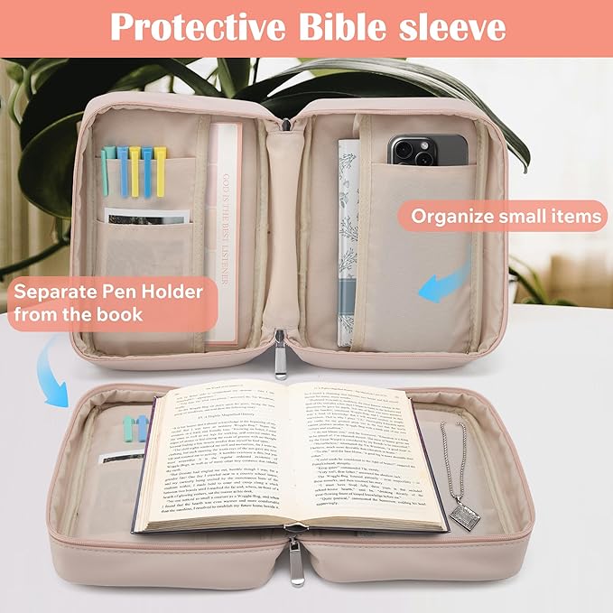 Small Bible Cover Case for Women and Men, 9x6 PU Leather Bible Sleeve, Compact Travel Bible Carrier Bag with Front Pen Holders, Zipper Closure, Inner Pockets - Beige