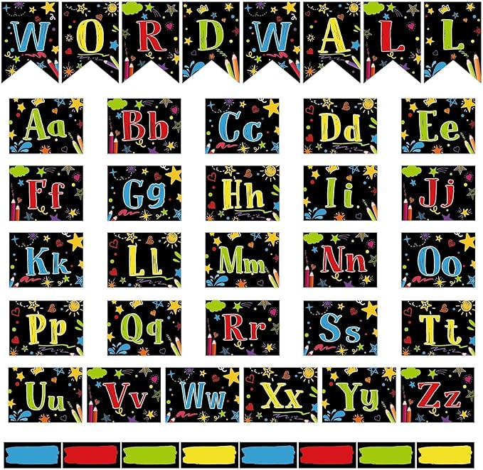 Word Wall Classroom Bulletin Board Set Classroom Alphabet Letters for Wall Alphabet Classroom Decoration Supplies for Home Preschool Primary School Classroom Wall Decor(Colorful on Black)