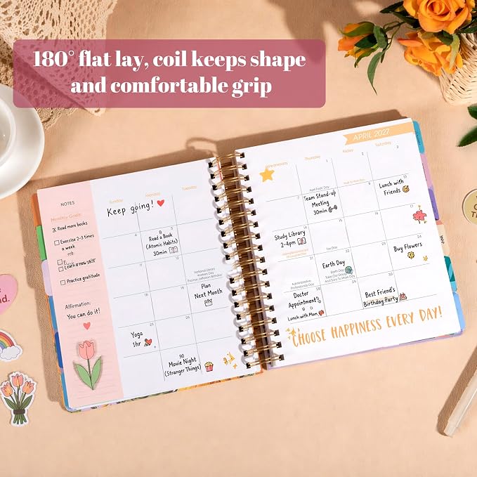 CAGIE 18 Month Planner July 2026 - December 2027, Academic Year Weekly & Monthly Planner with Tabs, 8.3 x 9.3 Floral Hardcover Organizer with 100GSM Thick Paper and Elastic Band for Women School Office