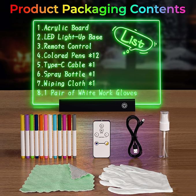 Rechargeable 11.8”×7.9” Glow Doodle LED Note Board with Colors,2 Modes&7 Colors with Remote Control,LED Drawing Board for Office/Café/Home Decor&Message,Birthday/Easter/Holiday Gifts,Black