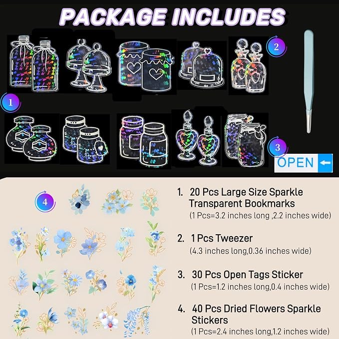 62 Pcs DIY Bookmark Kit,Sprout Book Mark Making Kit,Include Clear Bookmarks and Glitter Dried Flower Sticker,Pressed Flower Bookmark kit for Book Lovers Friends Birthday Bless