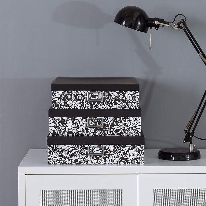 Soul & Lane Modern Botanical Decorative Cardboard Boxes with Lids, Set of 3 Black and White Floral Letter Storage for Documents, Memory Boxes for Keepsakes, Photos, Scrapbooks