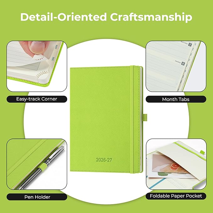 Weekly Monthly 2026-2027 Planner (July 26-Dec 27),8.5"x6.5",18 Months Agenda Plan with Month Tabs & Pocket,Expenses/Note Pages, Academic Calendar with Vegan Leather Cover,Wasabi Green