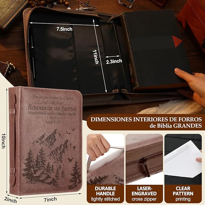 Fullhawl Spanish Bible Cover for Men Women PU Leather Bible Case 11x7.5x2.3 Inches Large Waterproof Christian Biblia Cover Print Decor for Wedding Church Religious Gift(Landscape)