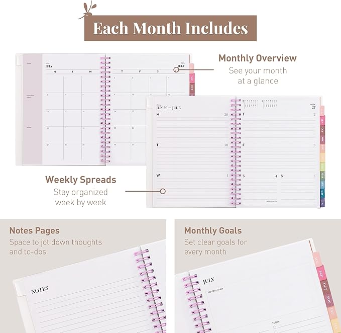 Rileys Academic Planner 2026-2027, Daily, Weekly & Monthly Planner, July 2026 - June 2027, Student Notes Pages, Twin-Wire Binding, Weekly Agenda for School & Work (8 x 6-Inches, Deco, Pink)