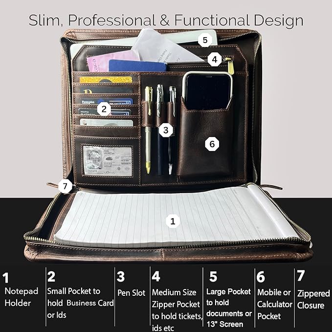 Supreme Business Portfolio by Rustic Town | Professional Organizer for Men & Women | Durable Leather Padfolio | Easy to Carry with A Zippered Closure | Many Slots, Compartments & Holders