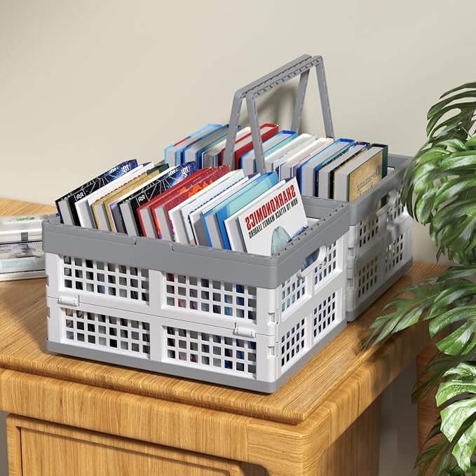 2-Pack Plastic Foldable Storage Crates with Handles,15 L Plastic Collapsible Storage Shopping Crates
