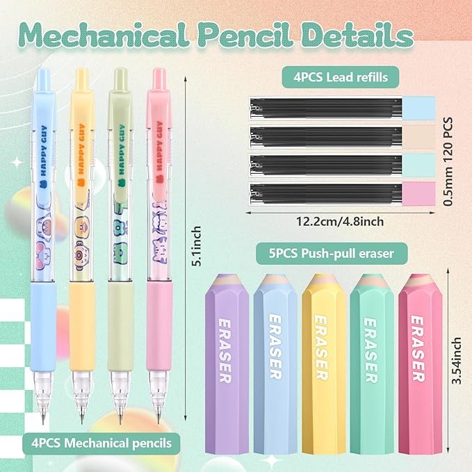13 Pcs Black Cat Mechanical Pencil Set, 4 Mechanical Pencils 0.5mm, with 4 2B Lead Refills and 3/5 Erasers Christmas Stocking Stuffers for Women Cats Lovers Gifts (Colored)